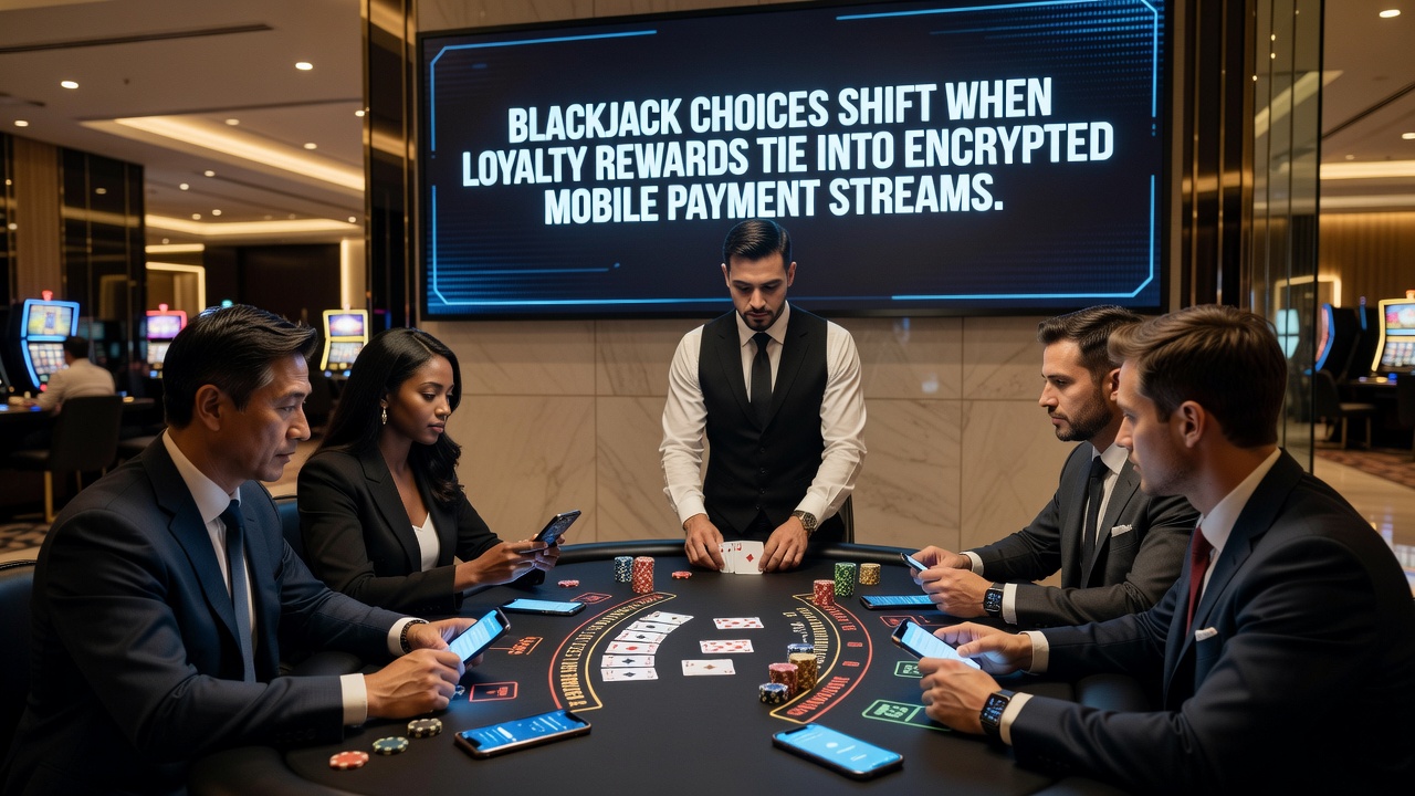 Mobile Blackjack-Sitzung mit Loyalitätsanzeige und verschlüsselten Zahlungsindikatoren