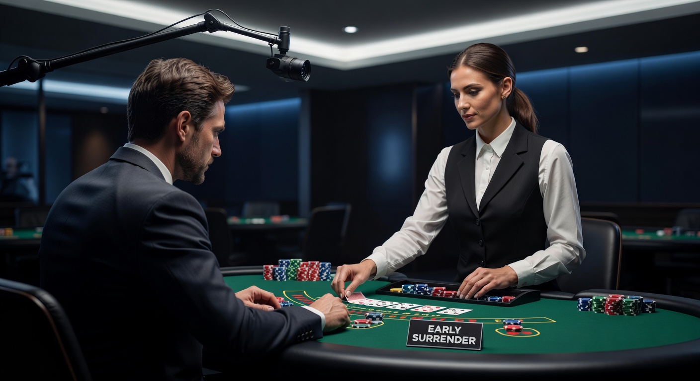 Live-Blackjack-Tisch mit Surrender-Option und Dealer beim Peek, dynamische Session-Atmosphäre
