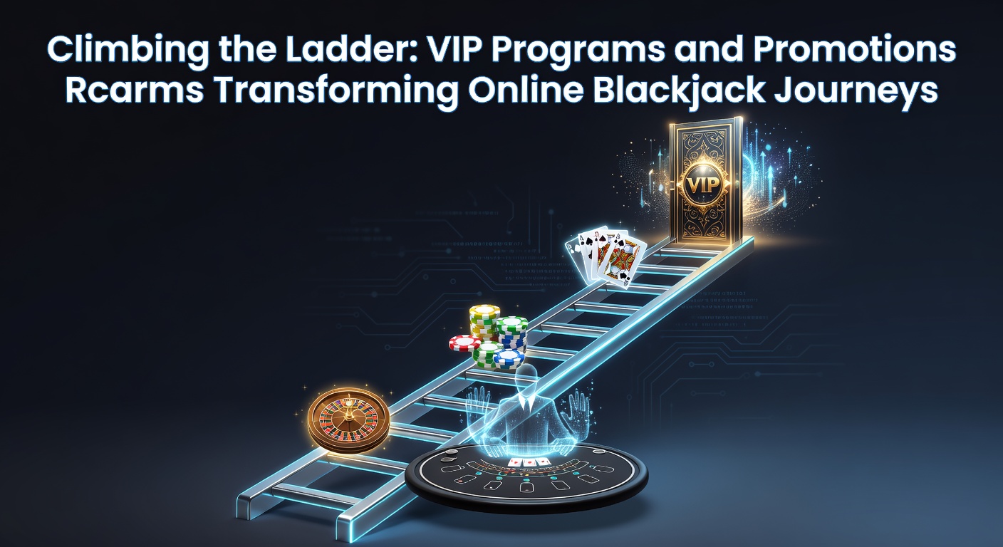 Spieler steigt eine leuchtende VIP-Leiter in einem virtuellen Blackjack-Casino hinauf, umgeben von Karten und Chips