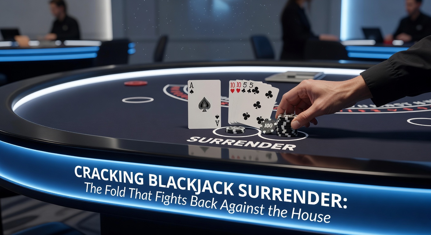 Ein Blackjack-Tisch mit Karten und Chips, der Surrender-Option wird hervorgehoben