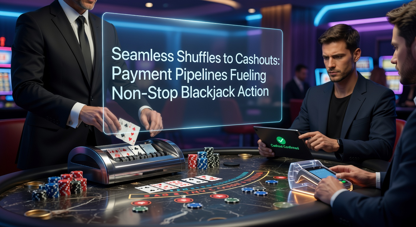 Grafik einer digitalen Zahlungspipeline mit Blackjack-Karten und Geldflüssen, die nahtlose Transaktionen im Online-Casino darstellt