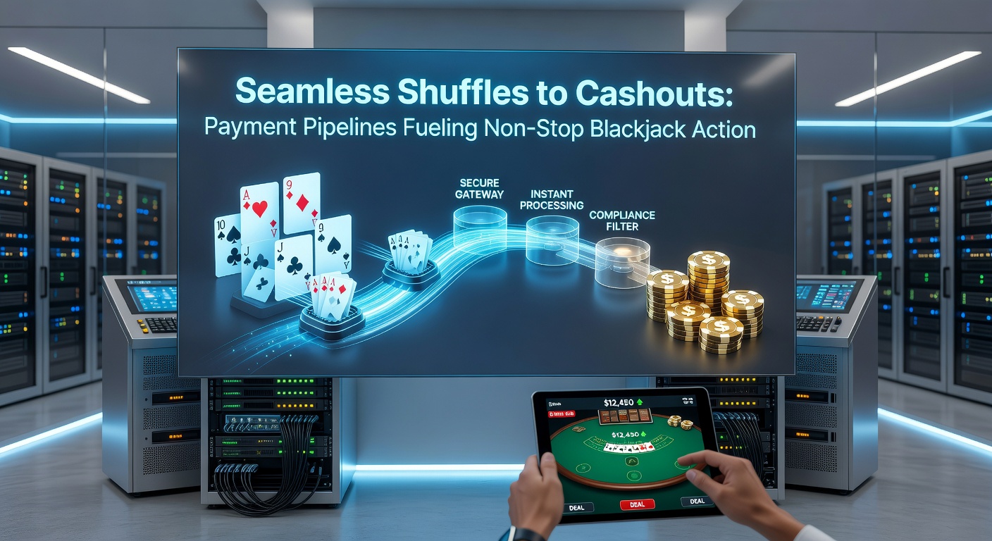 Detaillierte Darstellung sicherer Zahlungsströme mit Schloss-Icons, Blockchain-Elementen und Blackjack-Tischen im Hintergrund