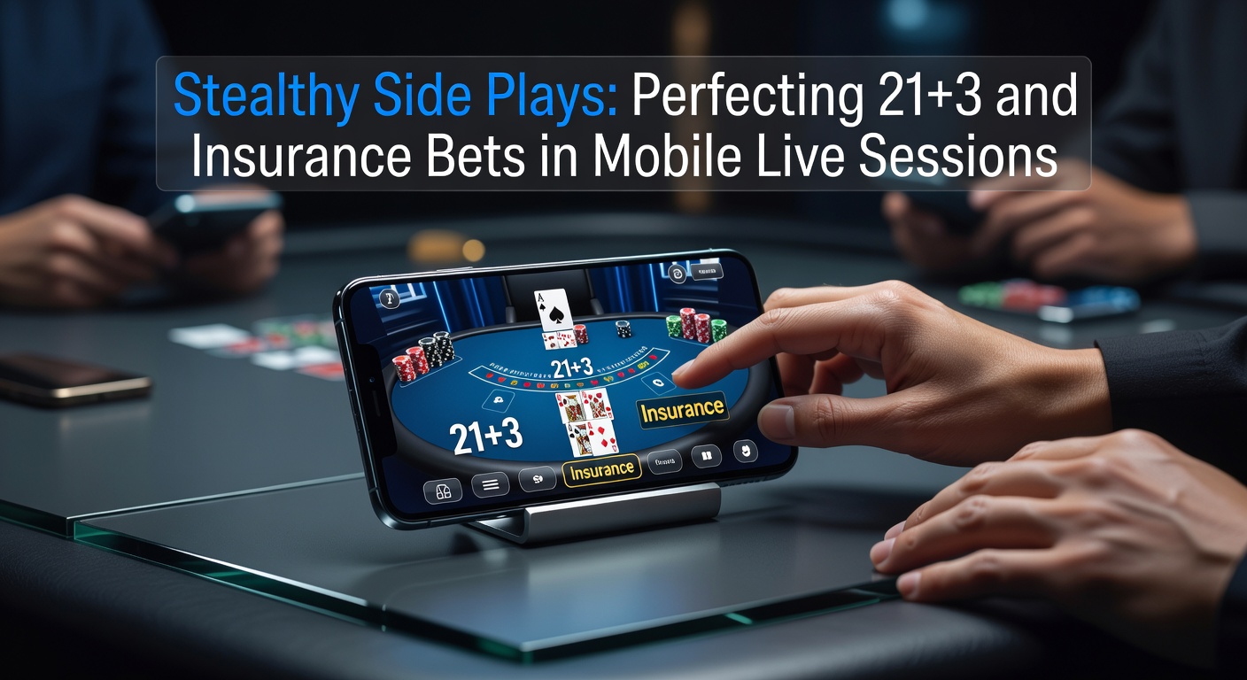Smartphone zeigt mobiles Live-Blackjack mit 21+3 Side Bet aktiviert, Dealer-As sichtbar