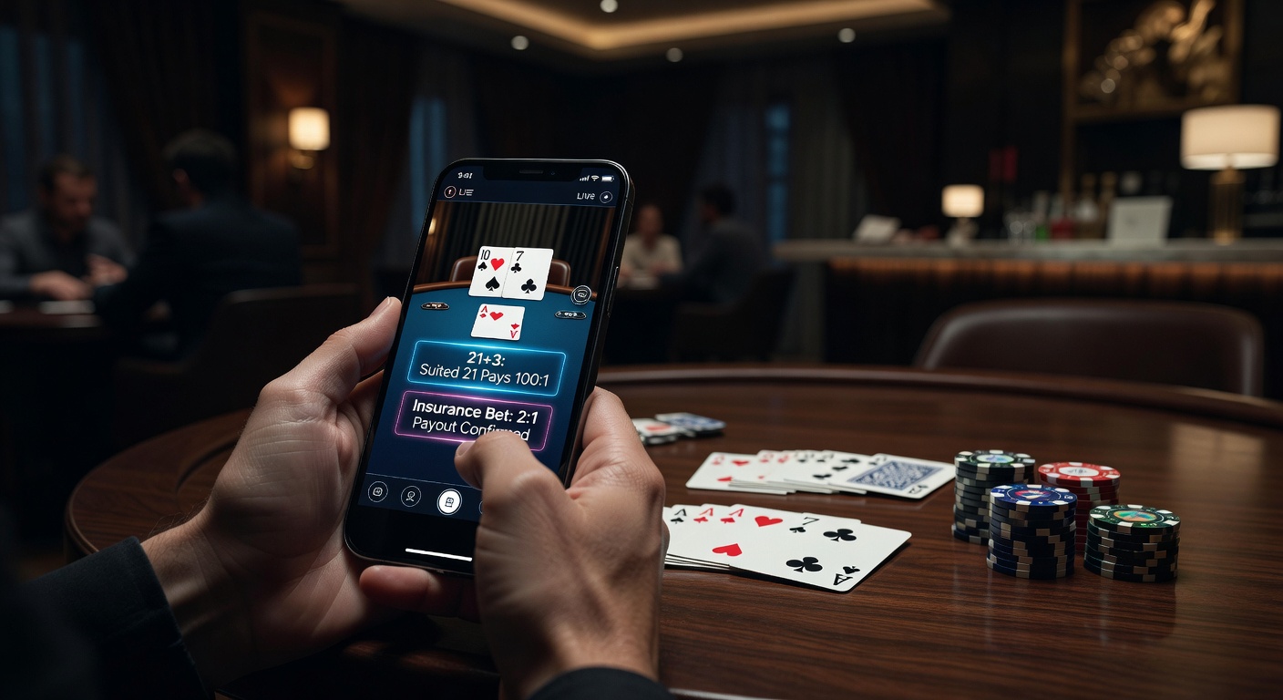 Live-Dealer mit Ace-Up zeigt Insurance Bet-Option auf Mobile-Screen, 21+3-Tabelle im Hintergrund